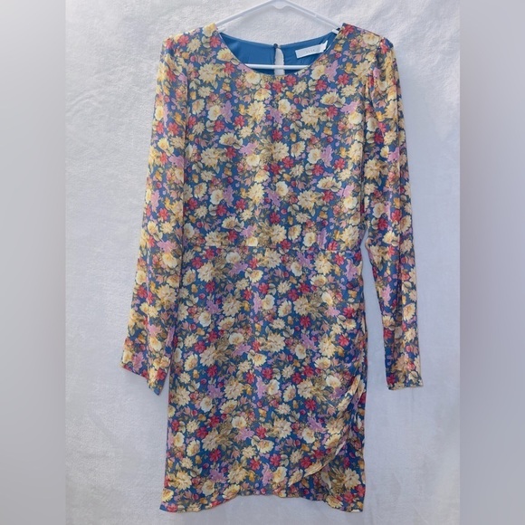 Lush Long Sleeve Floral Print Shoulder Pads Mini Dress size large - Picture 1 of 7